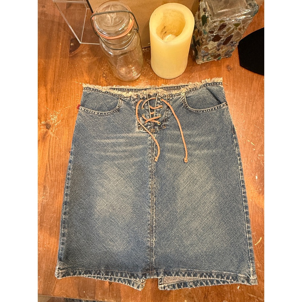 Hollister Co Blue Denim Lace Up Front Raw Hem Waist Mini Skirt Womens Sz 7 Y2K